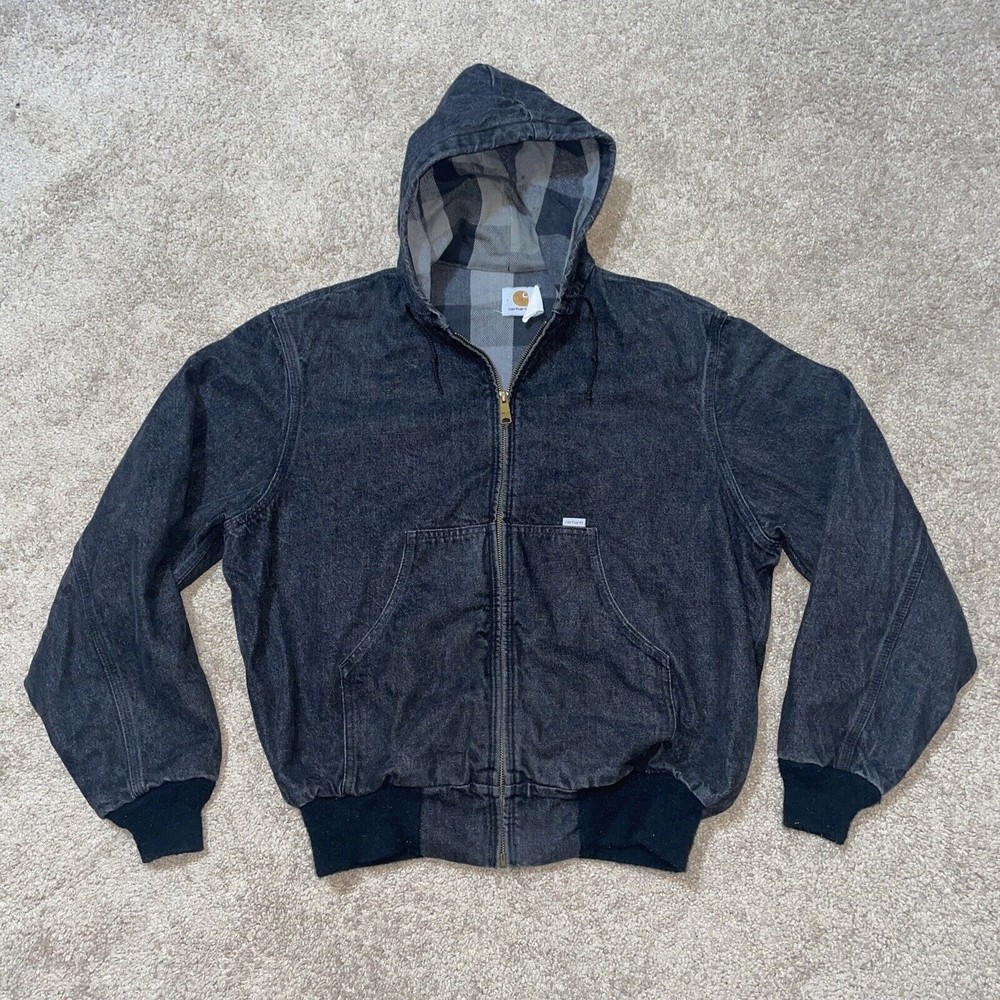 Vintage Carhartt Black Denim Jean Jacket Hoodie Plaid Lining JF885 Size Large - Picture 1 of 5